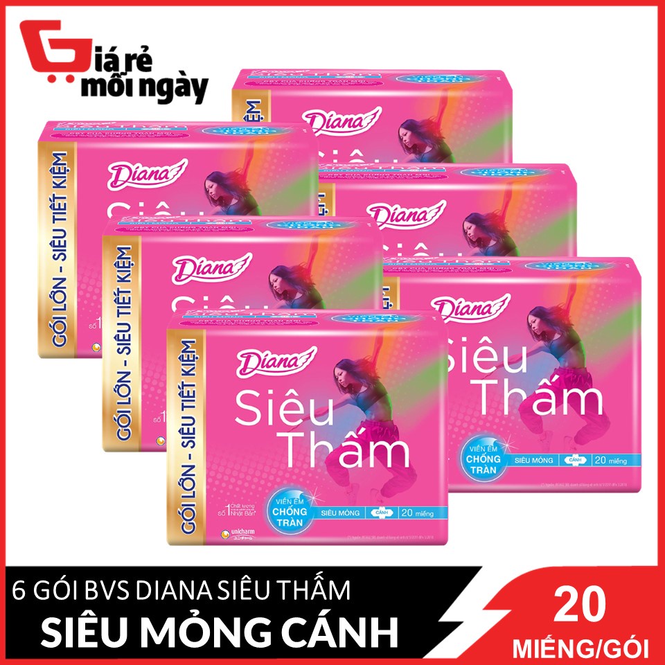 Combo 6 Băng vệ sinh Diana Siêu thấm siêu mỏng cánh 20 miếng/gói