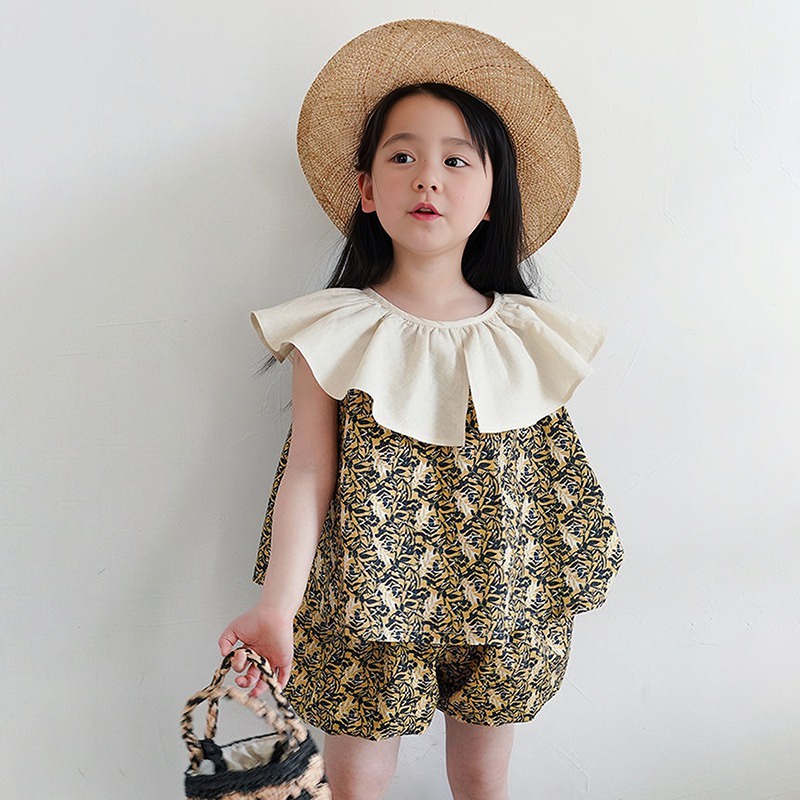 Set Bé Gái Bộ Áo Sát Nách Cổ Bèo In Hoa + Quần Short Thời Trang Mùa Hè Hàn Quốc Cho Bé Gái Se7en