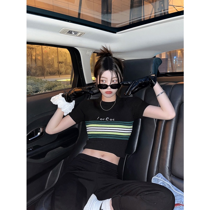 Cocory vn Áo Croptop Tay Ngắn Họa Tiết Sọc Ngang Phong Cách retro