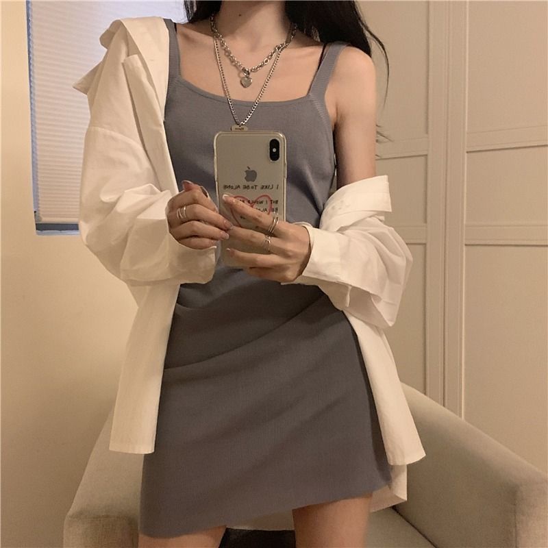Đầm Dệt Kim Màu Trơn 185245 Đầm Dây Rút Thời Trang Mùa Hè Hàn Quốc Quyến Rũ