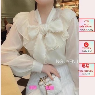 Áo sơ mi voan tơ nữ tay bồng cổ nơ ngọc tiểu thư bánh bèo ulzzang Hàn Quốc