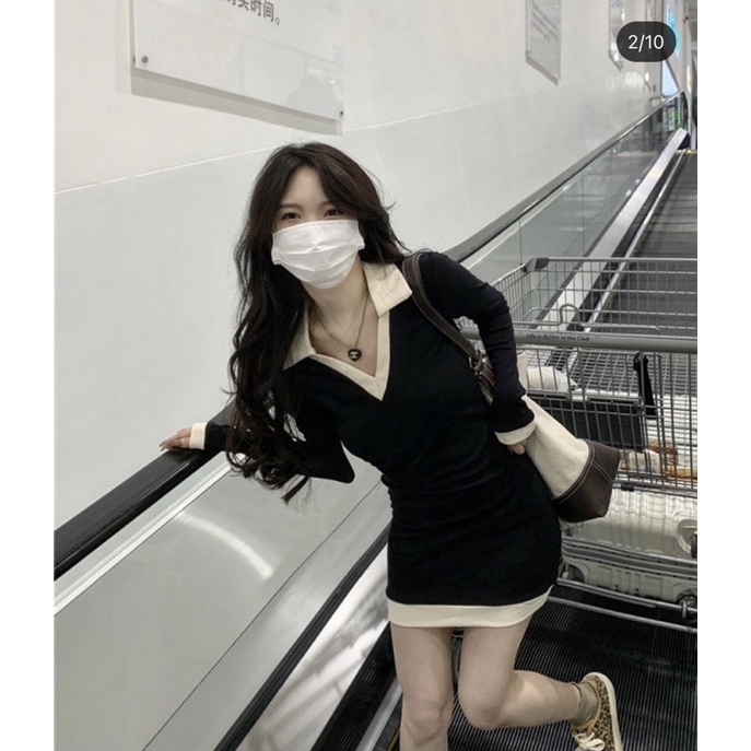 Đầm nữ đầm đen ôm body tay dài cổ sơ mi đi chơi đi dạo chuẩn mẫu ảnh kèm sàn