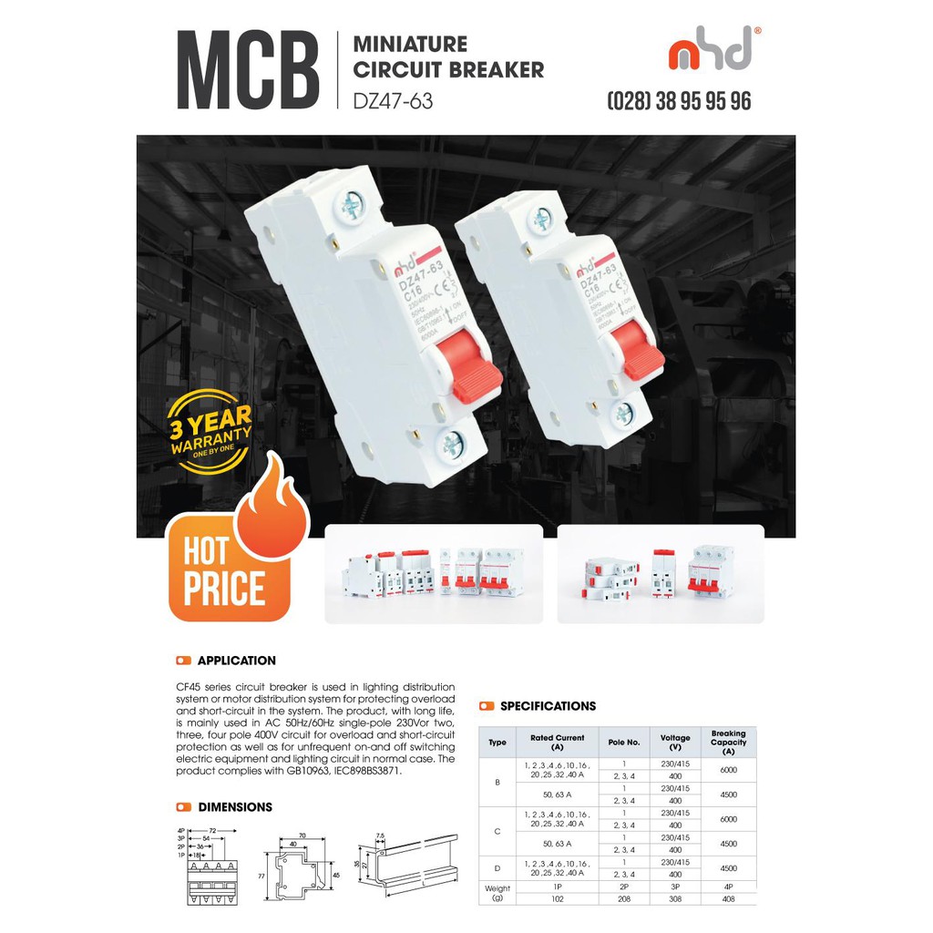 Thiết bị tự động ngắt mạch điện MCB MHD DZ47-63