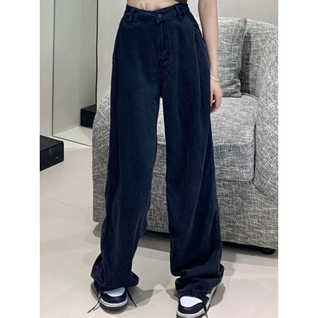 Quần denim Ống Rộng Lưng Cao Màu Trơn Thời Trang Mùa Hè Hàn Quốc Cho Nữ