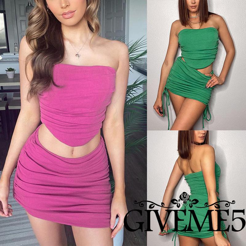 Set áo lửng sát nách và chân váy ôm màu trơn thời trang cho nữ