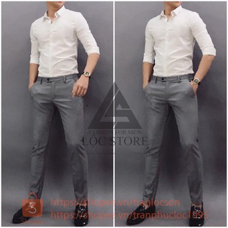 Set quần tây âu xám ghi và áo sơmi trắng body hàn quốc