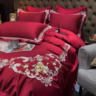 Bộ chăn ga gối lụa cưới đỏ trần bông
