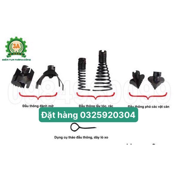 Dây thông cống 3m dùng máy khoan + 6 đầu thông + 1 kết nối máy khoan