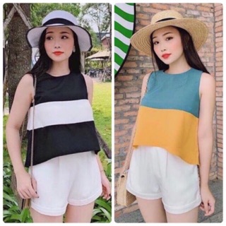 Set sọc áo ba lỗ kèm quần short trắng