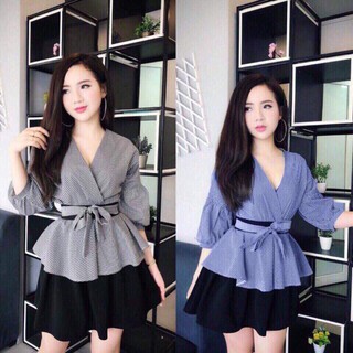 Set Áo Sơ Mi Nữ Tay Dài Phối Karo Kèm Chân Váy Ngắn Buộc Eo Sang Trọng