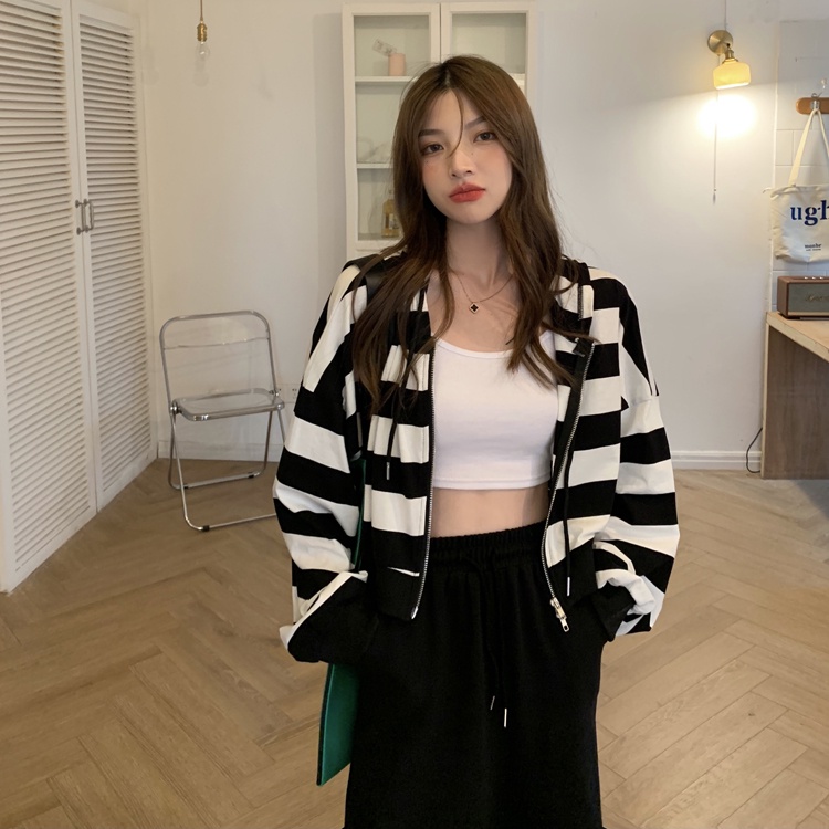 Áo Khoác Hoodie Dáng Rộng Kẻ Sọc Phối Khóa Kéo Đôi Thời Trang Hàn Quốc 2 Màu Tùy Chọn