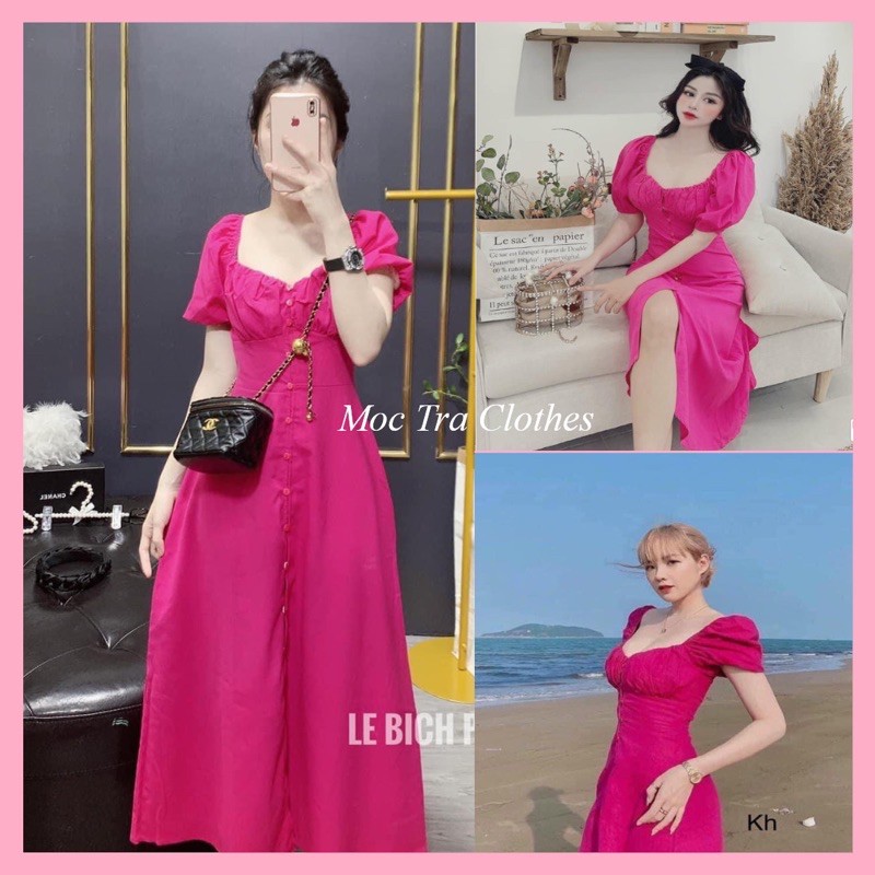 Váy maxi hồng sen xẻ trước dáng xoè tay bồng dáng dài siêu xinh, Đầm nữ tiểu thư đi biển tôn dáng hàng hot trend