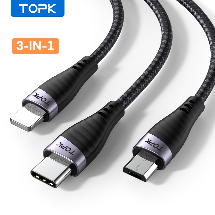 Cáp sạc nhanh 3 in 1 TOPK AS15 iPhone Micro USB Type C Vỏ Kim Loại Bện Nylon Chất Lượng Cao