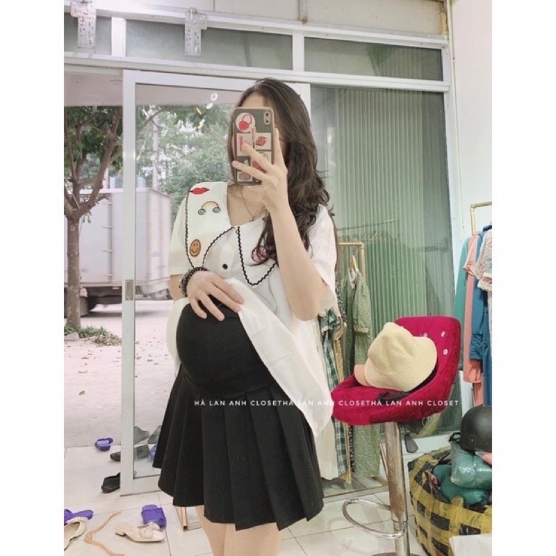 Áo sơ mi vạt bầu form rộng cổ hoạ tiết cực xinh