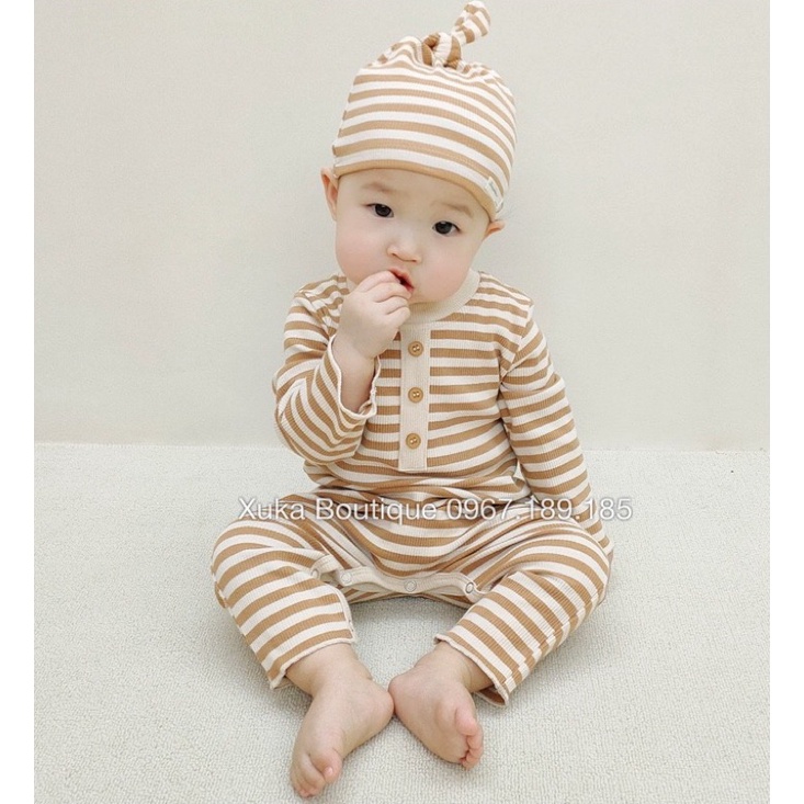 Bodysuit Dài Tay Kèm Mũ/Tuban Kẻ Ngang Cao Cấp Cho Bé 0-2 Tuổi Style Hàn Quốc, Body Sơ Sinh Cotton, Chất Thực Sự Cực Đẹp