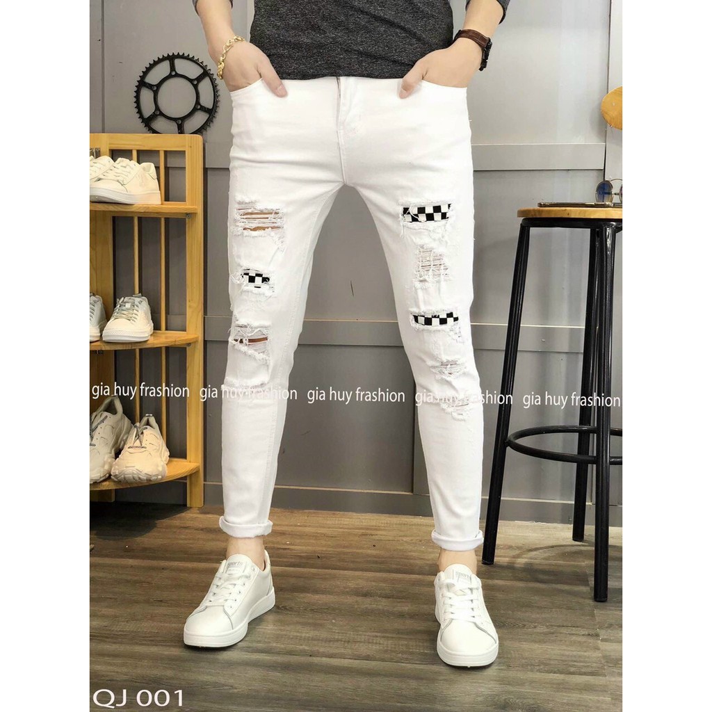 Quần jean nam trắng rách gối chất bò co giãn cao cấp mẫu mới nhất AHFASHION | BigBuy360 - bigbuy360.vn