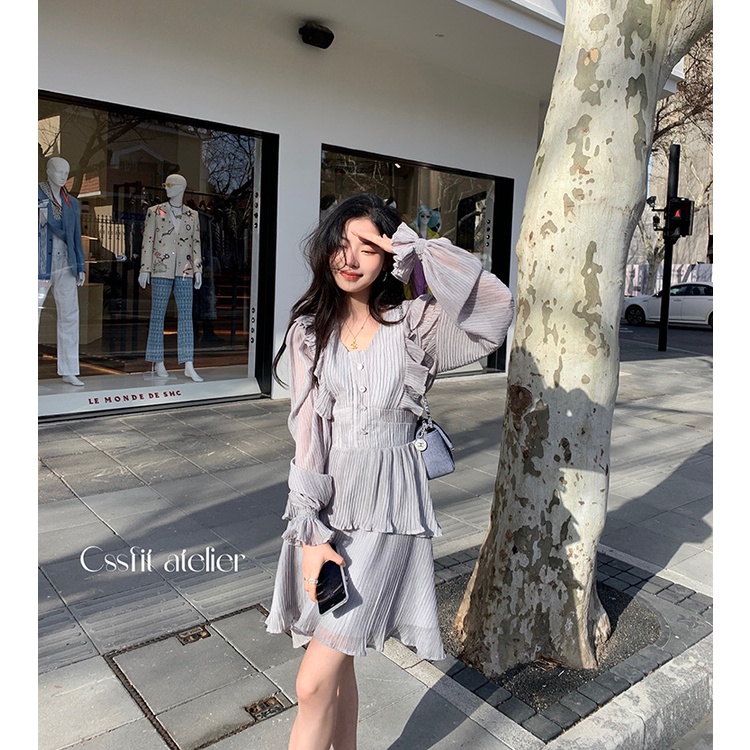 Váy chiffon xanh xám xuân hè