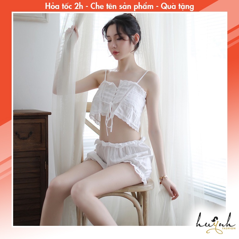Bộ đồ ngủ croptop tiểu thư hai mảnh dễ thương chất đũi cao cấp- N84