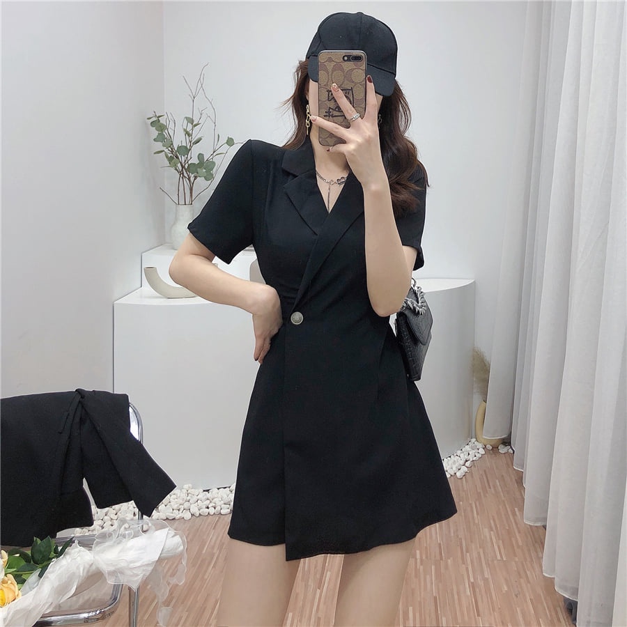 [C344] Váy Jumpsuit cổ vest 2 màu - Váy đầm nữ cộc tay cổ vest thanh lịch hàng freesize giá siêu rẻ