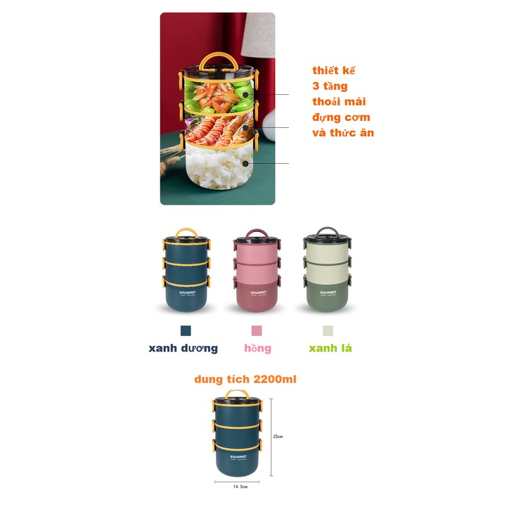 [Cao Cấp]Hộp Cơm/Camen Giữ Nhiệt 3 Tầng 2200ml Lõi Inox 304