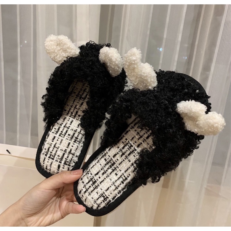 [08CAM] Dép bông nỉ lông xù có sừng cute hàng sẵn