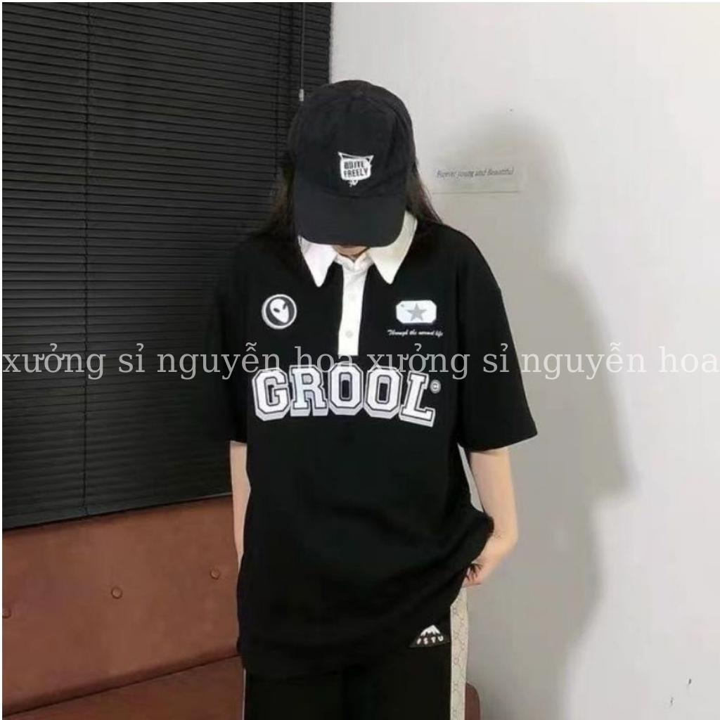 Áo thun polo Grool tay lỡ form dáng rộng unisex nam nữ mặc được 2 màu trắng đen xưởng sỉ nguyễn hoa