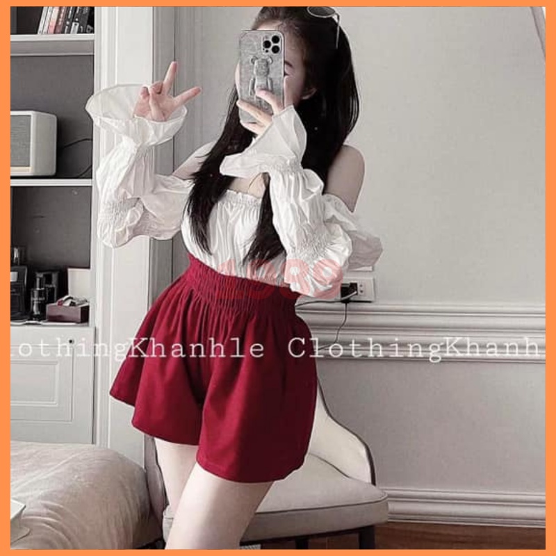 Set Áo Thô Trễ Vai Mix Quần Tacta Đỏ Siêu Xinh Có Ảnh Thật THỜI TRANG1989 áo trễ vai tay bồng ULZZANG hàn quốc nữ