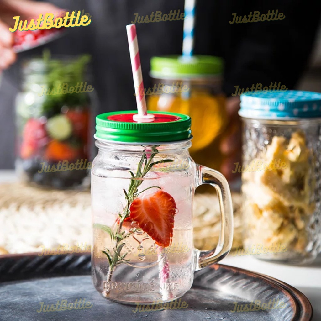 LY THỦY TINH CÓ QUAI có nắp đậy 470ml - Cốc uống trà sữa bia cafe hàng nhập khẩu