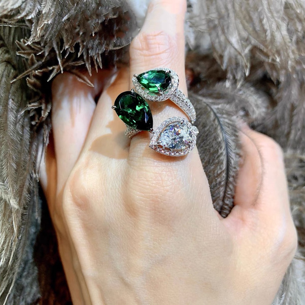 Nhẫn Hở Đính Đá Zircon Xanh Lá Malachite Lấp Lánh Cao Cấp Có Thể Điều Chỉnh Sang Trọng Phong Cách Cá Tính Dành Cho Nữ