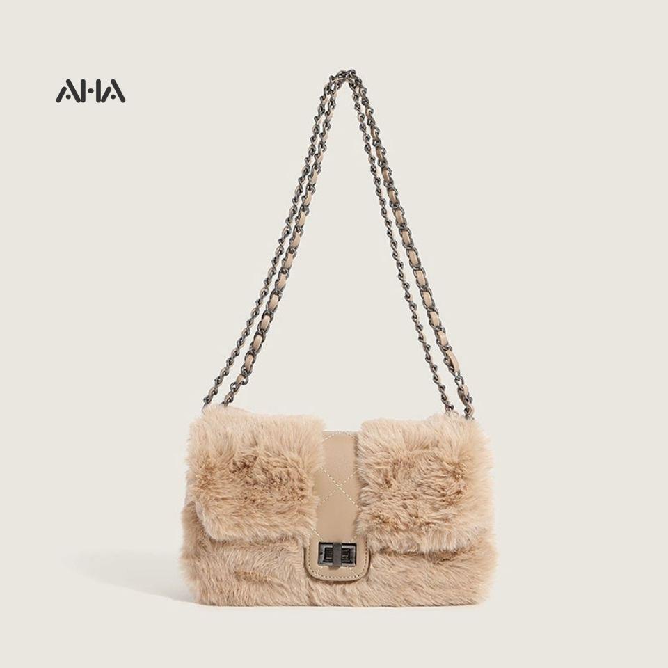 Túi xách đeo vai AHA official phủ bông phối dây xích đính đá thời trang sang trọng cho nữ