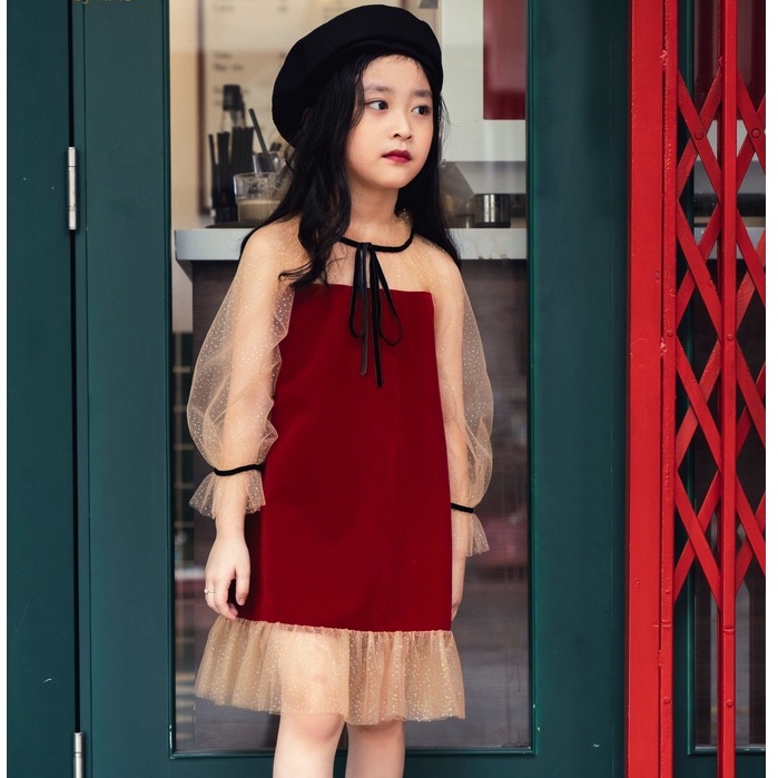 Váy nhung đỏ thiết kế tay voan 137KIDS dáng xòe cho bé gái