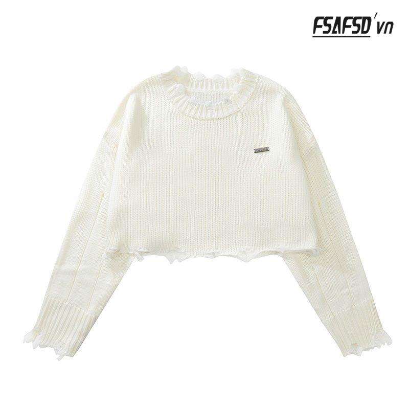 Áo Sweater Dệt Kim Tay Dài Dáng Rộng Phối Rách Cá Tính Cho Nữ