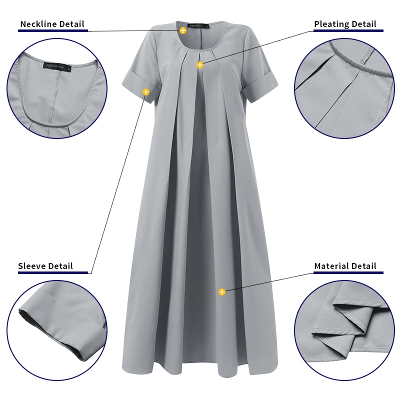 Đầm dài ZANZEA màu trơn cổ tròn xếp ly nhiều màu tùy chọn thời trang cho nữ