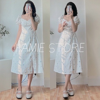 Váy maxi hoa nhí dáng dài váy đi biển xẻ tà cổ vuông 2 lớp kín đáo thích hợp đi biển