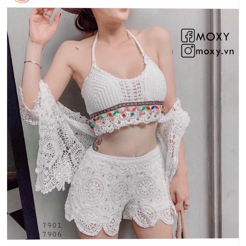 15-[HOT NEW 2021]-Set bikini ren 3 món(bra hạt-quần sóc hoa to-choàng hoa tay lỡ)