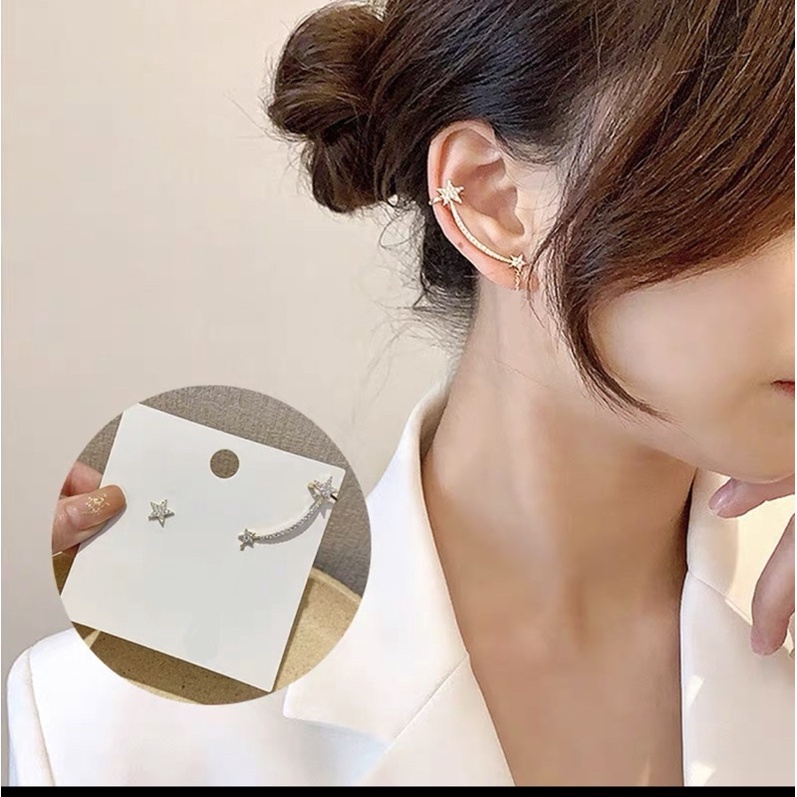 bông tai bất đối xứng hình ngôi sao , khuyên tai dễ thương phong cách hàn quốc đính đá hoa tai kẹp vành