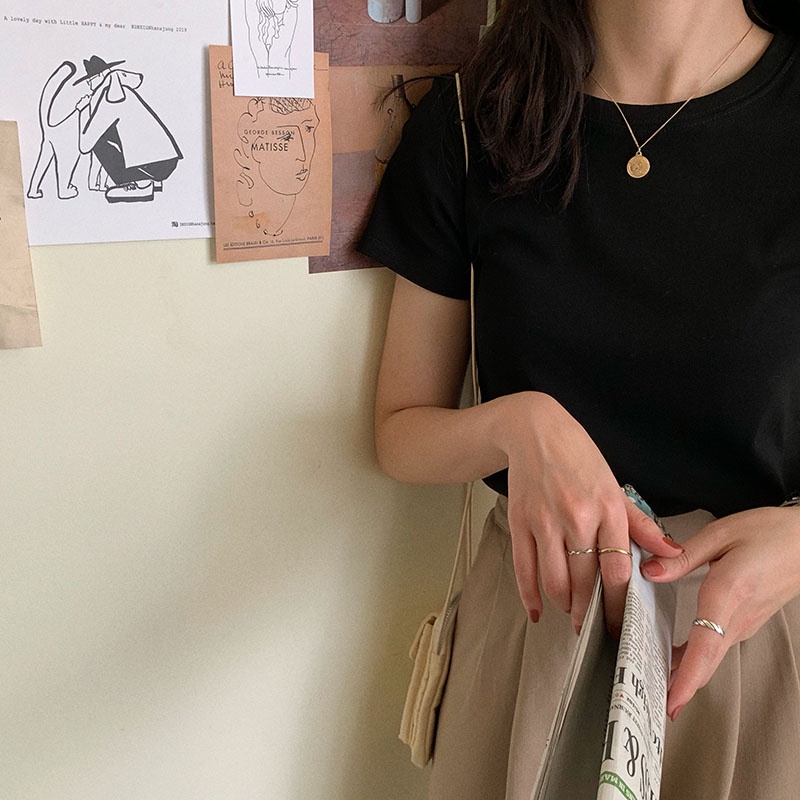 Thời Trang Áo Thun Tay Ngắn Màu Trơn Phong Cách Hàn Quốc