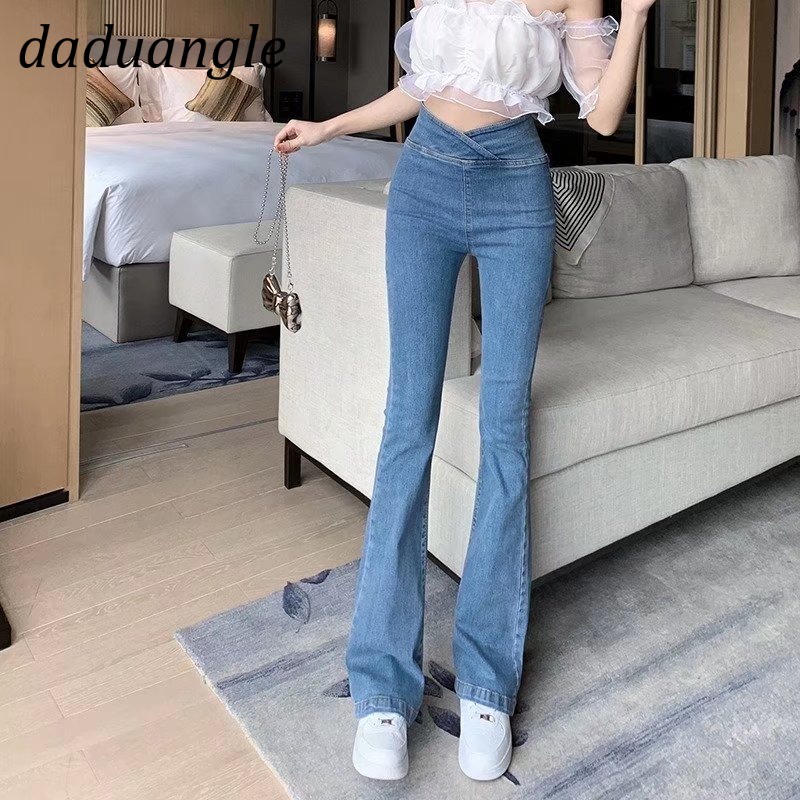 Quần jean Daduhey lưng cao màu sáng co dãn ống loe thời trang phong cách Hàn Quốc cho nữ