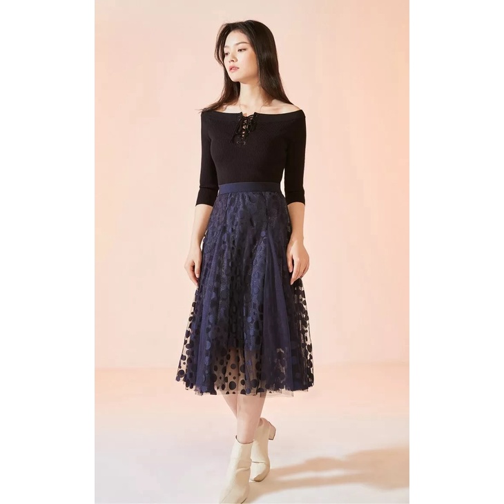 Vero Moda Chân Váy Midi Xếp Tầng Đan Dây Giữa Eo Lưới Xuyên Thấu Chấm Bi Cho Nữ 32111G001