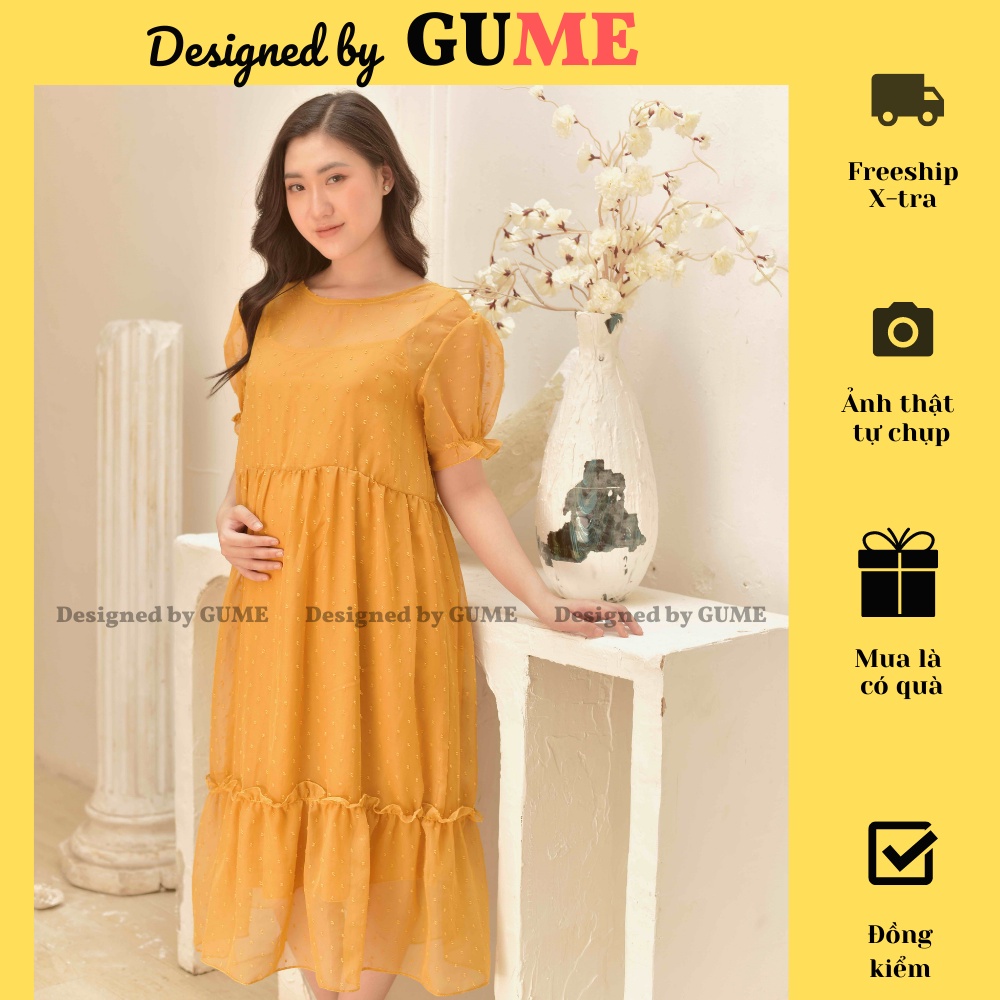Đầm Bầu Công Sở - Váy Bầu GUME 2 màu be,vàng dáng đuôi cá bèo tay bo chất vải voan hạt size từ 40-100kg GM023 ảnh thật