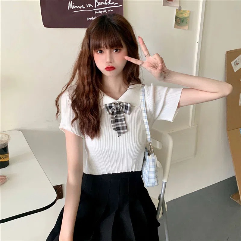 Áo Croptop Dệt Kim Tay Ngắn Cổ Bẻ Màu Trơn Thời Trang Mùa Hè Xinh Xắn Cho Nữ