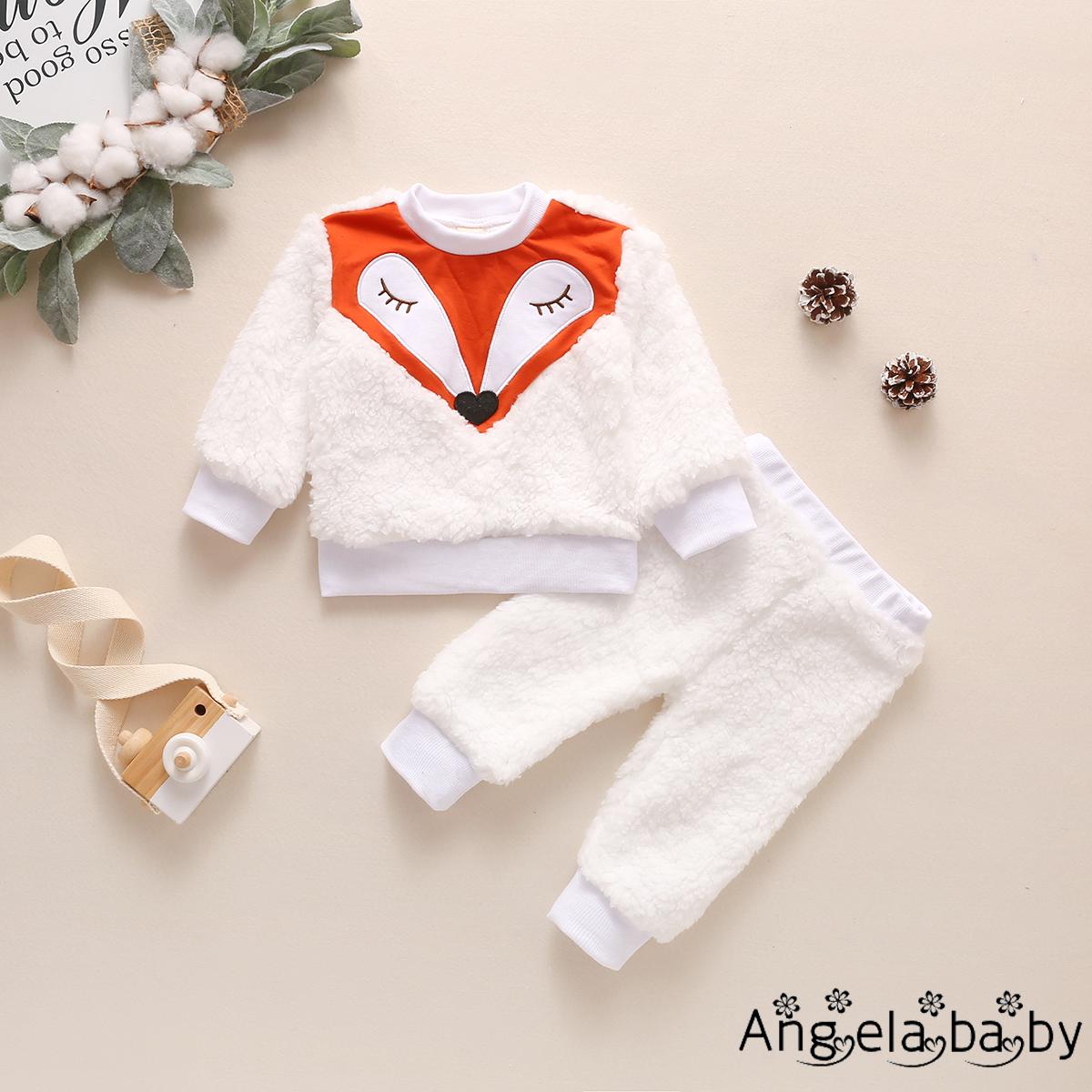 Bộ áo tay dài cổ tròn phối hoạ tiết hình cáo + quần dài hình thời trang giữ ấm cho trẻ em 0-18 tháng