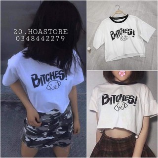 Áo phông croptop viền cổ in chữ bitches hot