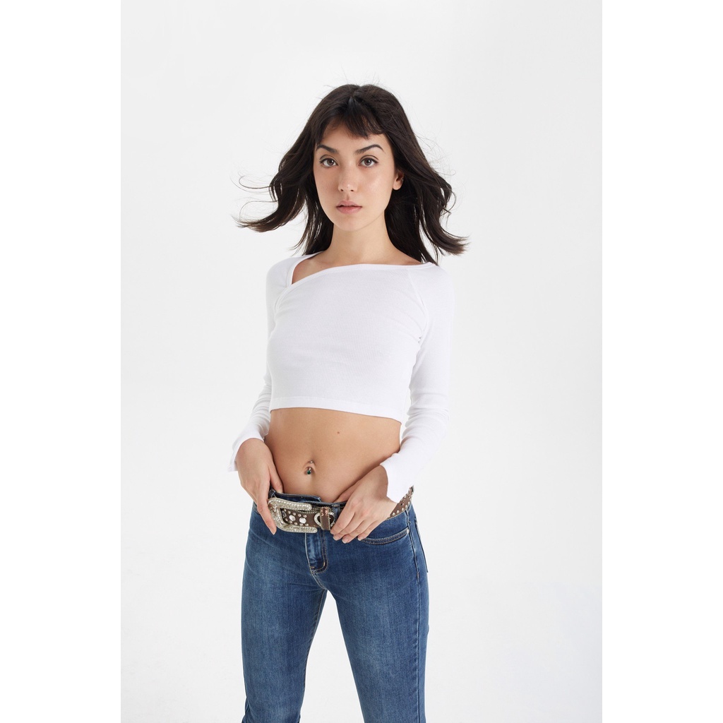 TheBlueTshirt - Áo Thun Tay Dài Nữ Màu Trắng - Long Sleeve Neckline Rib Cotton Top - White