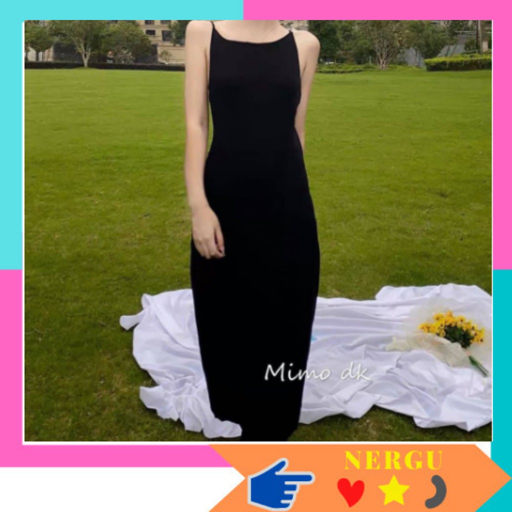 Đầm Hai Dây Hở Lưng , Váy 2 Dây Dài Body Dáng Ôm Trơn Màu Đen Sexy