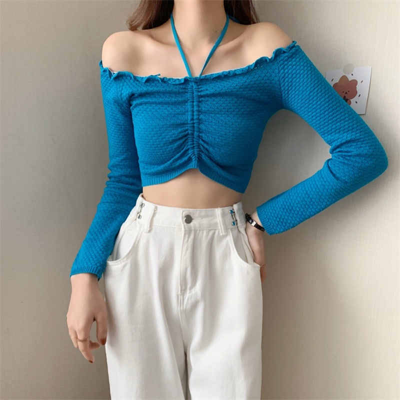 Áo Croptop Trễ Vai Thiết Kế Dây Rút Thời Trang Mùa Xuân Mới Cho Nữ