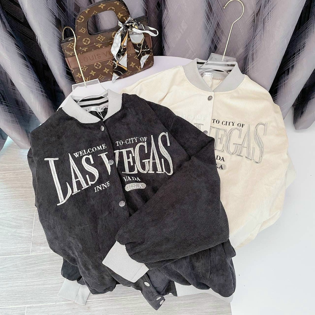 Áo Khoác Bomber Nhung Gân Nam Nữ Unisex Logo Thêu Chất 2 Lớp Dày Dặn Phong Cách Hàn Quốc (Lasvegass))
