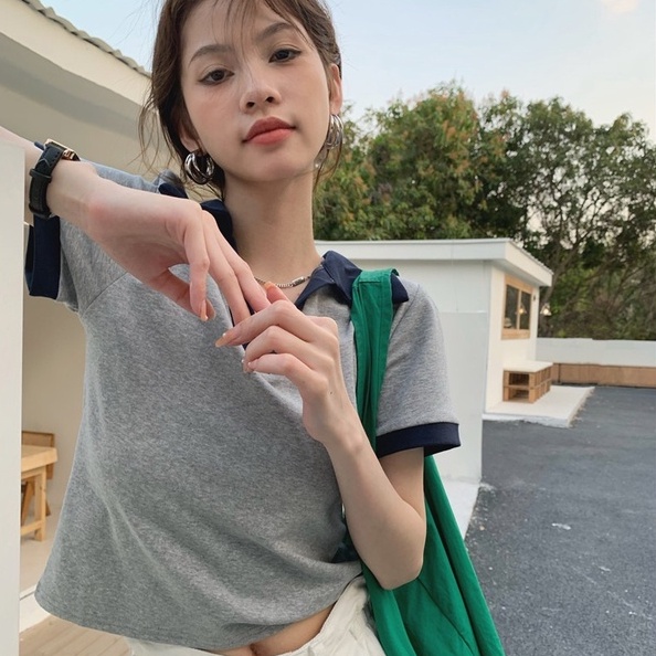 【ZHELIHANGFEI】 Áo Thun POLO Dệt Kim Ngắn Tay Phối Màu Tương Phản Cá Tính