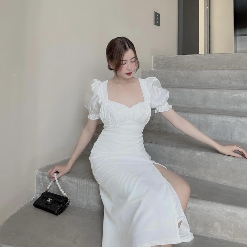 Đầm midi trắng xẻ tà tôn dáng