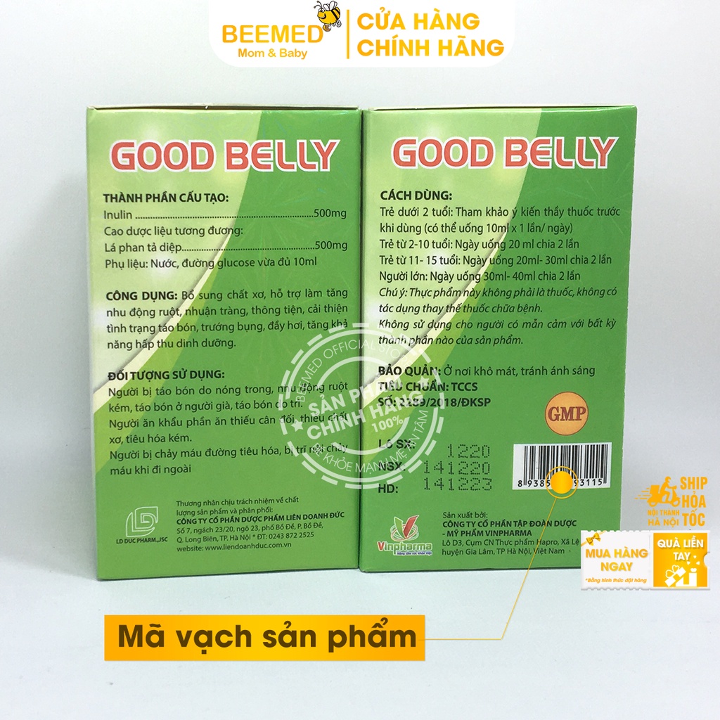 Siro giảm táo bón, nhuận tràng từ thảo dược Good Belly và chất xơ Inulin Hộp 20 ống uống cho trẻ em và người lớn